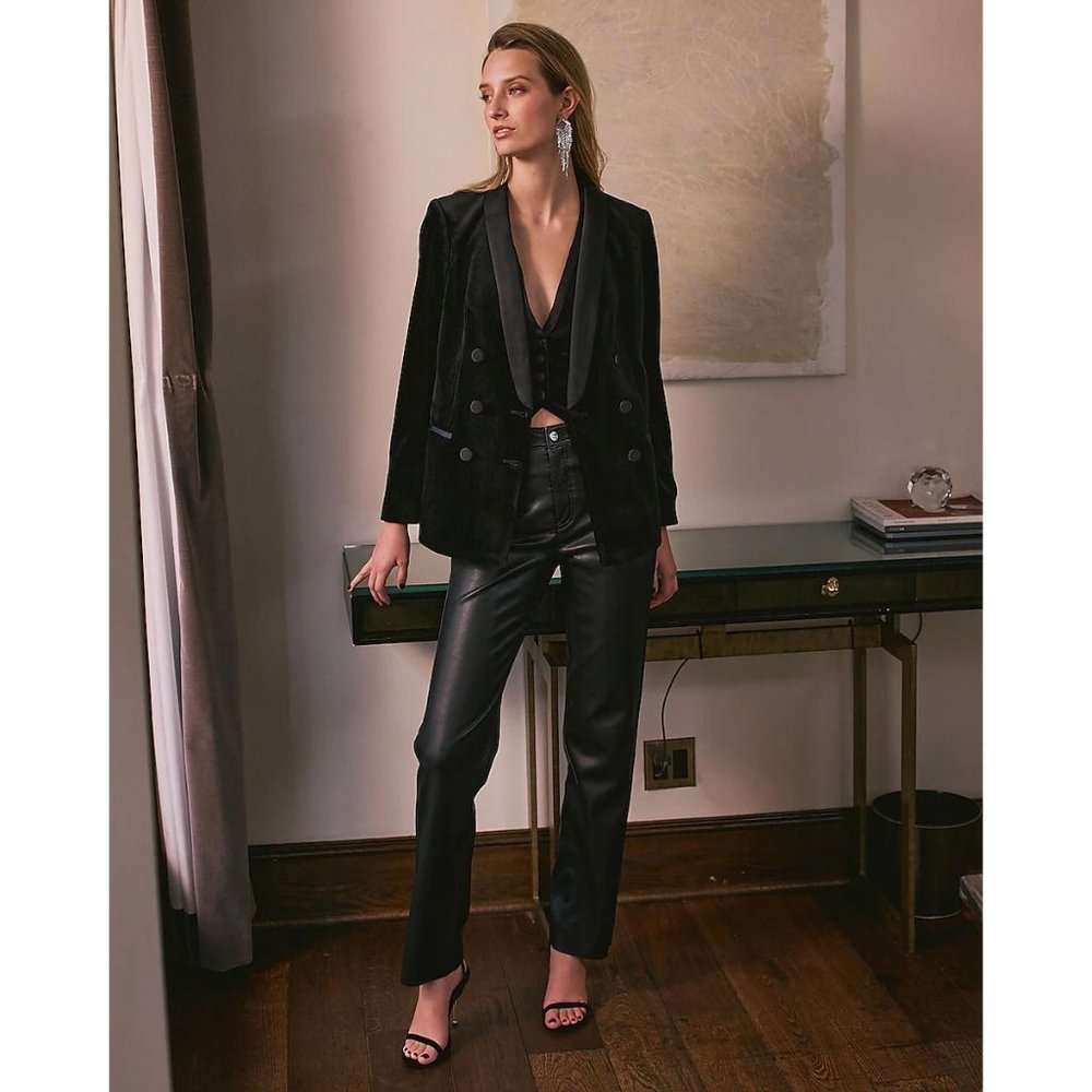 NEW Sz XS X-Small Express Double Breasted Blazer in Black Velvet Tux Satin Fancy - Picture 1 of 10
